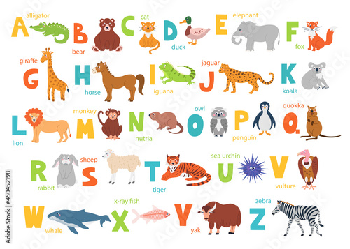 Bright children's alphabet with cute animals for education and a manual font. Vector poster with English letters of the alphabet on a white background in a flat style