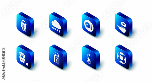 Set Cloud with rain, British breakfast, Smoking pipe, Football ball, Vintage street light, London phone booth, Coffee cup to go and Big Ben tower icon. Vector