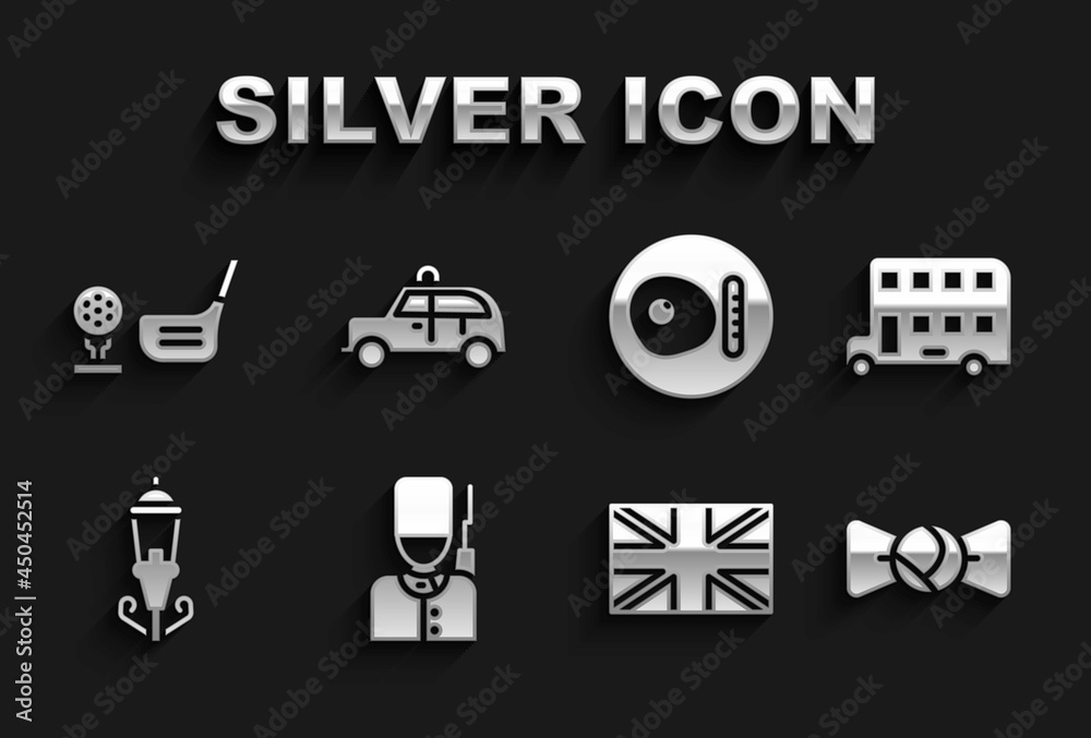 Set British soldier, Double decker bus, Bow tie, Flag of Great Britain, Vintage street light, breakfast, Golf club with ball on tee and Taxi car icon. Vector Set British soldier, Double decker bus, Bow tie, Flag of Great Britain, Vintage street light, breakfast, Golf club with ball on tee and Taxi car icon. Vector