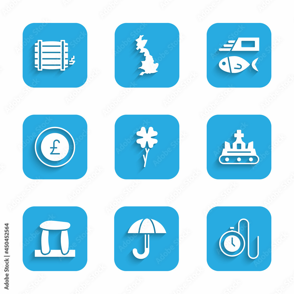 Set Four leaf clover, Umbrella, Watch with chain, British crown, Stonehenge, Coin money pound, Fish and chips and Wooden barrel icon. Vector