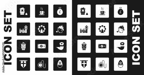 Set Money bag with pound, London eye, Big Ben tower, Coffee cup go, Sherlock Holmes, Cup tea tea, Smoking pipe and icon. Vector