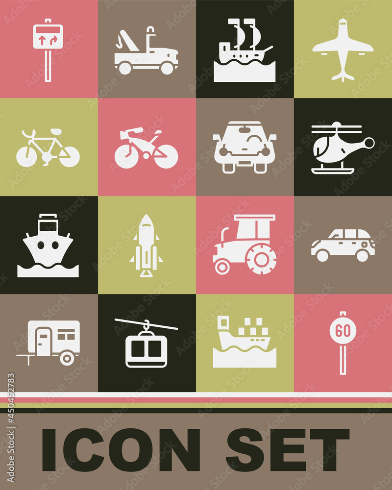 Set Speed limit traffic, Hatchback car, Helicopter, Sailboat, Bicycle, Road signpost and Car icon. Vector Set Speed limit traffic, Hatchback car, Helicopter, Sailboat, Bicycle, Road signpost and Car icon. Vector