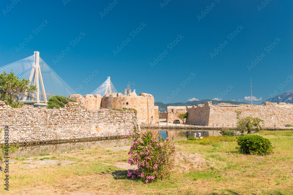 Scenic view of Venecian fortress Rio castle in Greece, near Rio-Antirio Bridge crossing Corinth Gulf strait, Peloponnese, Greece