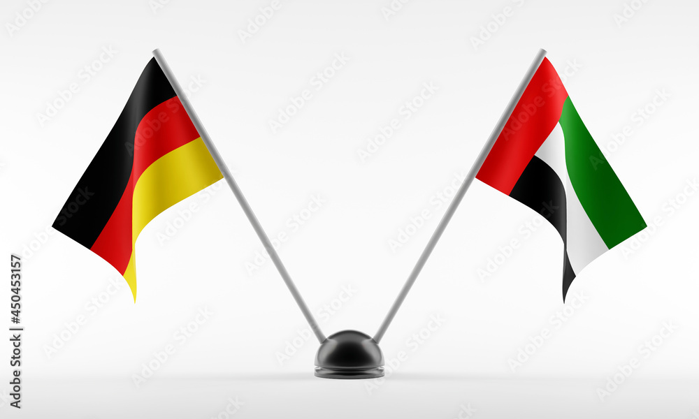 Stand with two national flags. Flags of Germany and United Arab Emirates. Isolated on a white background. 3d rendering Stand with two national flags. Flags of Germany and United Arab Emirates. Isolated on a white background. 3d rendering