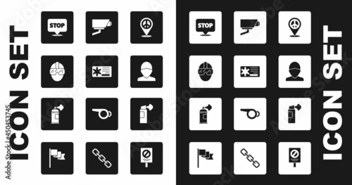 Set Location peace, Police badge, Special forces soldier, Protest, Vandal, Security camera, Pepper spray and Paint can icon. Vector