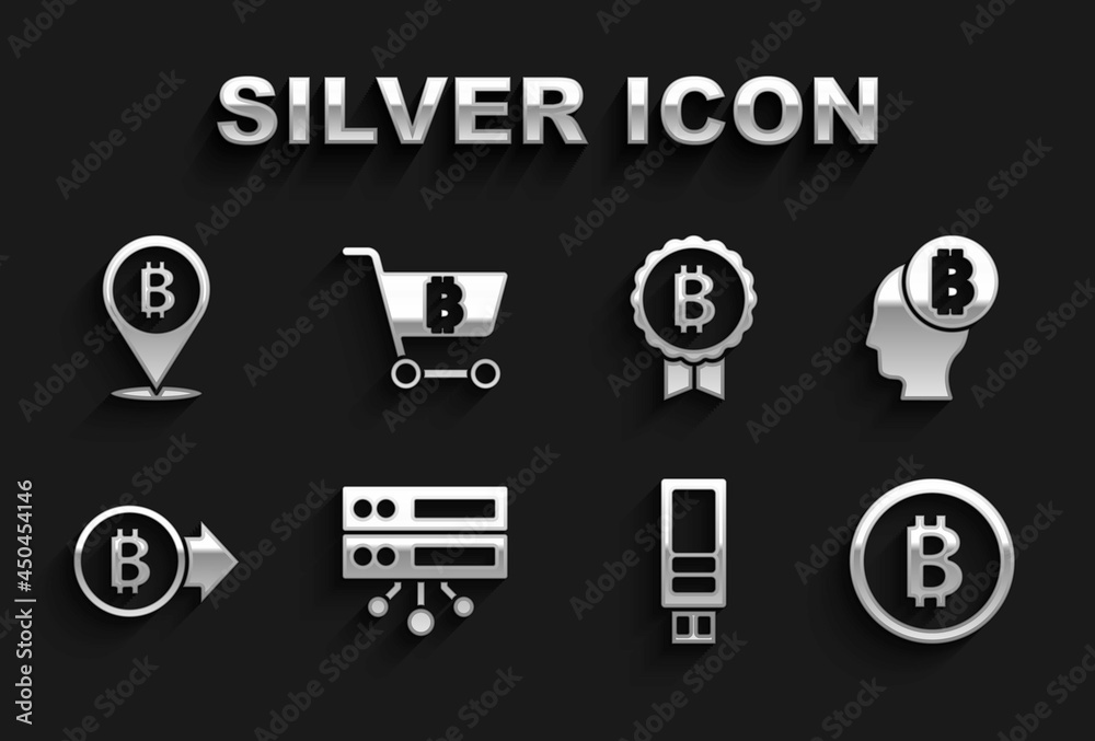 Set Server, Bitcoin think, USB flash drive, and Shopping cart with bitcoin icon. Vector Set Server, Bitcoin think, USB flash drive, and Shopping cart with bitcoin icon. Vector