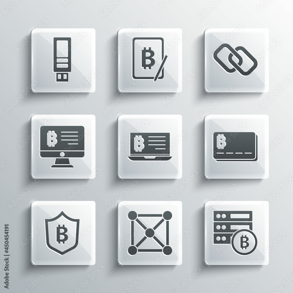 Set Blockchain technology, Server bitcoin, Credit card with, Mining from laptop, Shield, monitor, USB flash drive and Chain link icon. Vector Set Blockchain technology, Server bitcoin, Credit card with, Mining from laptop, Shield, monitor, USB flash drive and Chain link icon. Vector