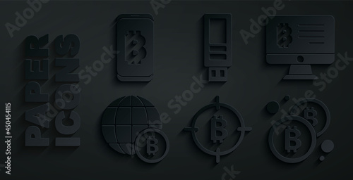 Set Bitcoin in the target, Mining bitcoin from monitor, Globe, USB flash drive and mobile icon. Vector