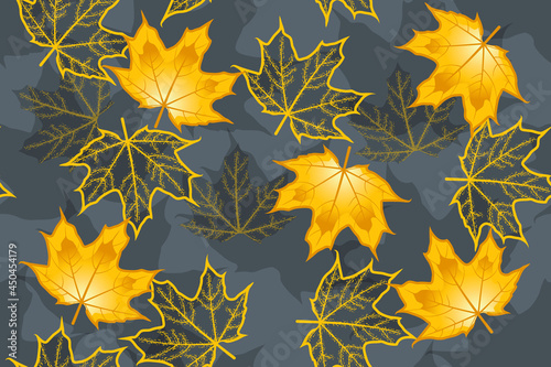 golden autumn maple leaves on gray background, - seamless vector pattern
