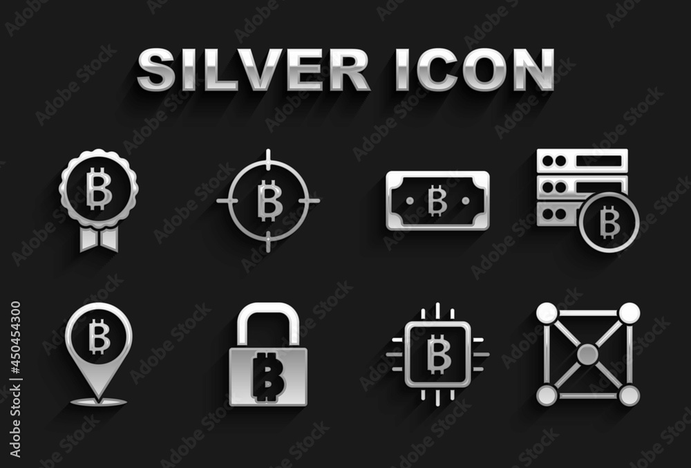 Set Lock with bitcoin, Server, Blockchain technology, CPU mining farm, Bitcoin, Cryptocurrency, and the target icon. Vector Set Lock with bitcoin, Server, Blockchain technology, CPU mining farm, Bitcoin, Cryptocurrency, and the target icon. Vector