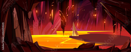 Cave with lava, underground hell landscape, game