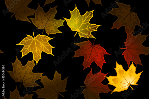 dark orange and red maple leaves on black background, seamless pattern
