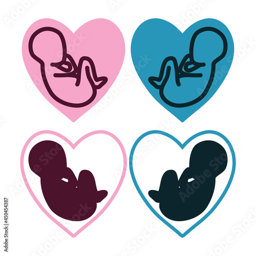Seth babies inside hearts. Silhouettes and outlines of newborn babies of different sexes. Vector illustration isolated on a white background for design and web.
