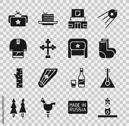 Set Slavic pagan idol, Balalaika, Valenki, Mausoleum of Lenin, Christian cross, Kosovorotka, Ushanka and icon. Vector