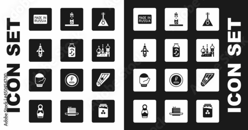 Set Balalaika, Pickled cucumbers in jar, Rocket ship, Made Russia, Saint Basil's Cathedral, Slavic pagan idol, Kankles and Christmas mitten icon. Vector