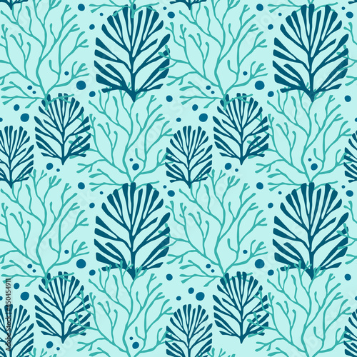 Vector seamless sea style patterns with corals and seaweeds. Abstract seamless background.