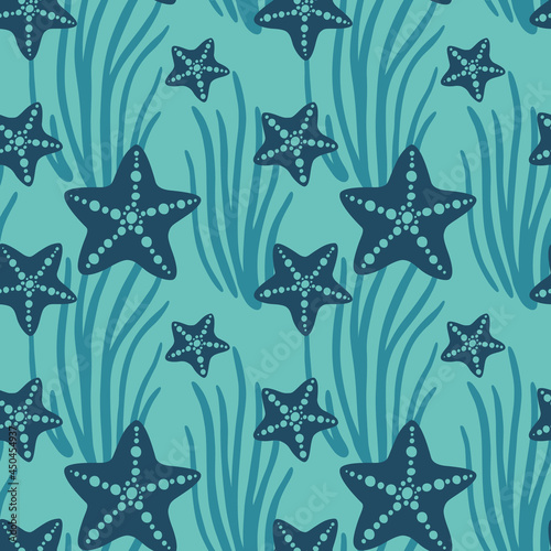 Vector seamless sea style patterns with starfish and seaweeds. Abstract seamless background.