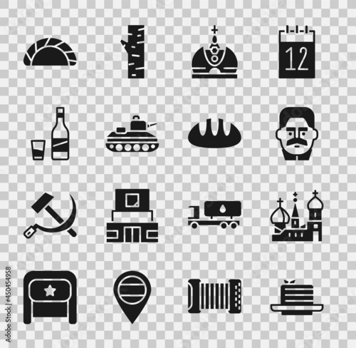 Set Medovik, Saint Basil's Cathedral, Joseph Stalin, King crown, Military tank, Bottle of vodka with glass, Dumpling and Bread loaf icon. Vector