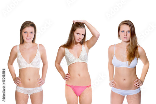 Three closeup portraits of a slim young woman wearing pink and white underwear, isolated in front of white background