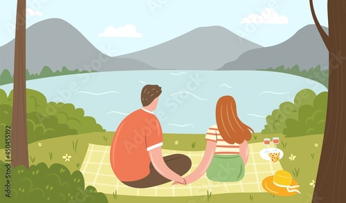 Picnic in forest. Happy couple on a blanket among trees looking at the mountains and lake scenery. Hand-drawn vector illustration.