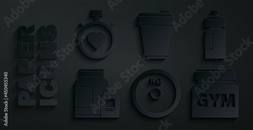 Set Weight plate, Fitness shaker, Sports nutrition, and Heart in the center stopwatch icon. Vector