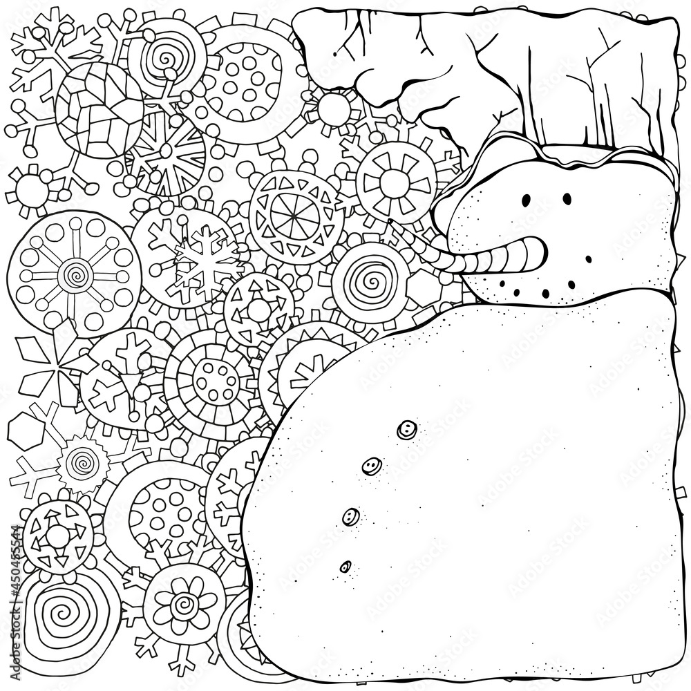 Cheerful snowman and snowflakes. Merry Christmas, Happy New Year. Pattern for adult coloring book. Black and white.