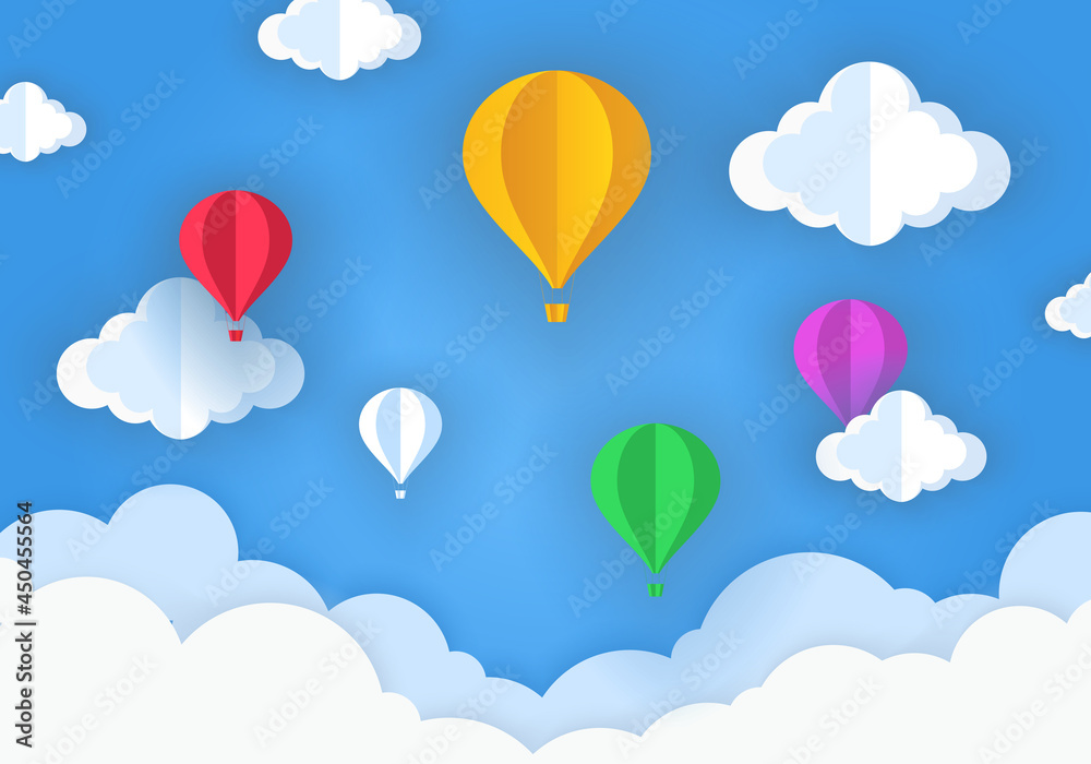 Air ballon and cloud in the blue sky. Paper art style.