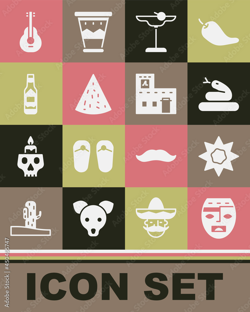 Set Aztec mask, Sun, Snake, Margarita cocktail, Nachos, Tabasco sauce, Mexican guitar and house icon. Vector