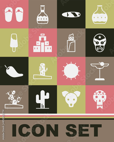 Set Mexican skull, Margarita cocktail, wrestler, Cigar, Chichen Itza in Mayan, Popsicle ice cream, Flip flops and Burrito icon. Vector