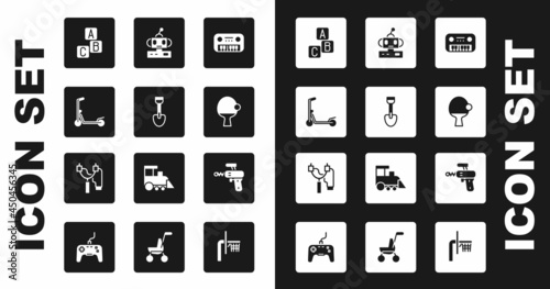 Set Toy piano, Shovel toy, Scooter, ABC blocks, Racket and ball, Robot, Ray gun and Slingshot icon. Vector