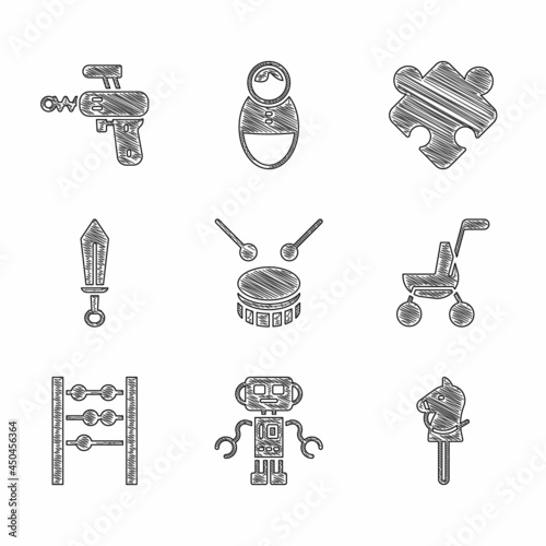 Set Drum with drum sticks, Robot toy, Toy horse, Baby stroller, Abacus, Sword, Puzzle pieces and Ray gun icon. Vector