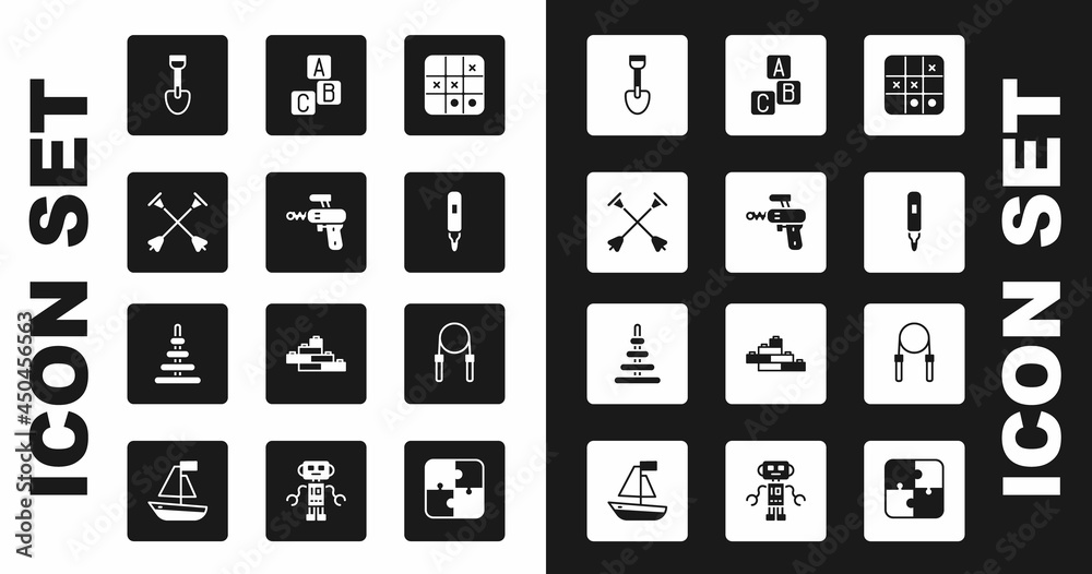 Set Tic tac toe game, Ray gun, Arrow with sucker tip, Shovel toy, Marker pen, ABC blocks, Jump rope and Pyramid icon. Vector Set Tic tac toe game, Ray gun, Arrow with sucker tip, Shovel toy, Marker pen, ABC blocks, Jump rope and Pyramid icon. Vector