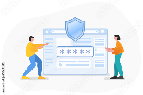 Website login, web password encryption, protection. Two people stand near web page with shield and encrypted password. Modern vector illustration