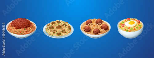 Set of pasta meals, restaurant or homemade noodles