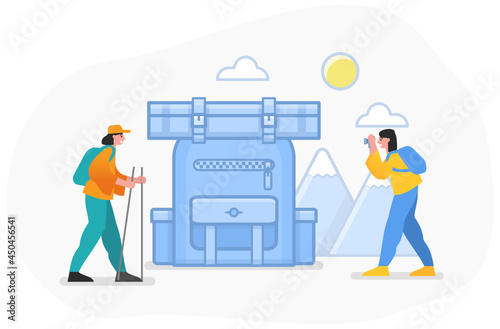Guided hikes, hiking tours and backpacking trips. Two travelers stand near big backpack, mountains. Modern vector illustration
