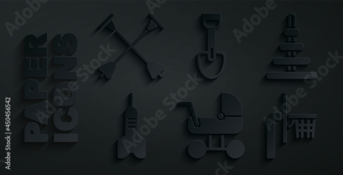 Set Baby stroller, Pyramid toy, Dart arrow, Basketball backboard, Shovel and Arrow with sucker tip icon. Vector