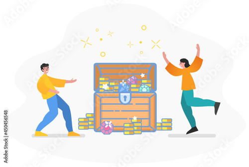 Find buried, hidden treasure chest, become rich, wealth. Two people stand near treasure chest. Modern vector illustration