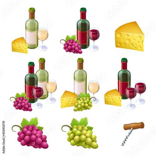 Set of wine bottles, glasses, cheese and grapes