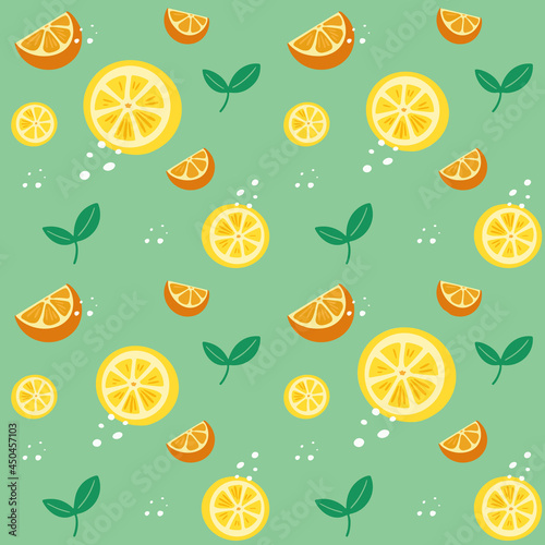 Seamless pattern with citrus decoration. Wallpaper with a pattern of slice orange and lemon. Fruit citrus background is for cafes, restaurants, a fabric. Vector.