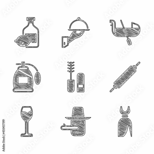 Set Mascara brush, Pinocchio, Woman dress, Rolling pin, Wine glass, Perfume, Gondola and Limoncello bottle icon. Vector