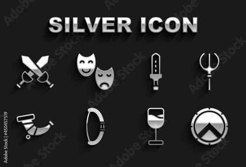 Set Medieval bow  Neptune Trident  Greek shield  Wine glass  Hunting horn  sword  Crossed medieval and Comedy and tragedy masks icon. Vector