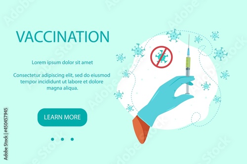 Hand of a medic holding a syringe with an injection banner template, Vaccination against the virus, Medicine, vector illustration in flat style.