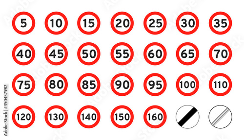 Speed limit 5-160 round road traffic icon sign flat style design vector illustration set isolated on white background. Circle standard road sign number kmh. photo