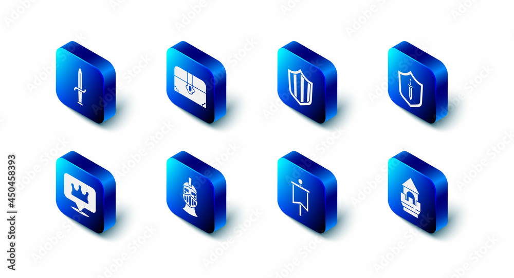 Set Antique treasure chest, Shield, Medieval shield with sword, Castle tower, flag, iron helmet, Location king crown and Dagger icon. Vector Set Antique treasure chest, Shield, Medieval shield with sword, Castle tower, flag, iron helmet, Location king crown and Dagger icon. Vector