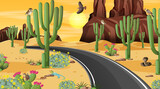 Road through the desert forest landscape scene with desert animals