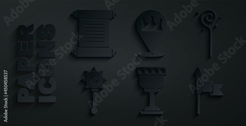 Set Medieval goblet, Magic staff, chained mace ball, spear, Location king crown and Decree, parchment, scroll icon. Vector