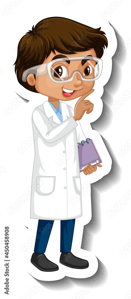 Cartoon character sticker with a boy in science gown Cartoon character sticker with a boy in science gown