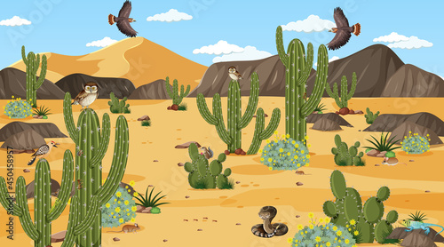 Desert forest landscape at daytime scene with desert animals and plants