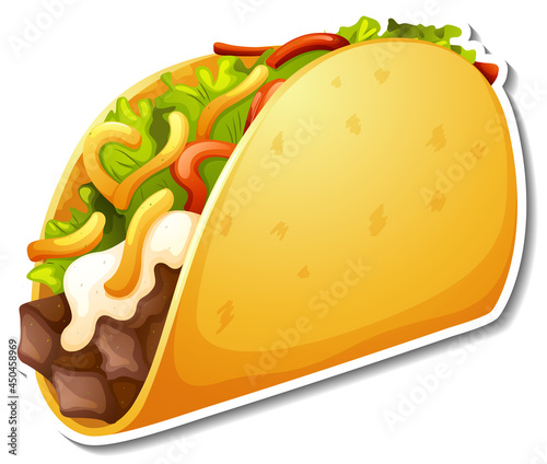 Taco with vegetable and meat sticker on white background