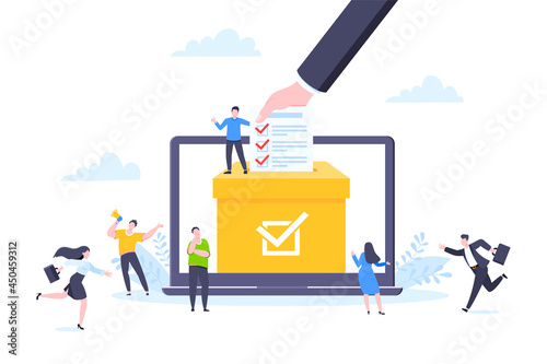 Online voting concept flat style design vector illustration. Tiny people with voting poll online survey working together. Concept of electronic voting modern system political competition and election.
